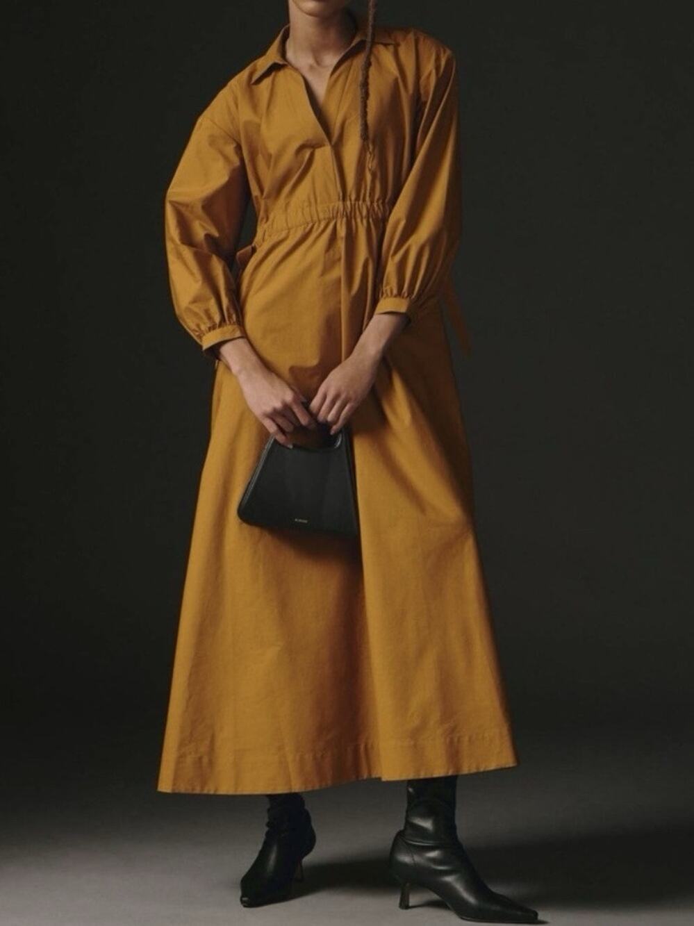 Anthropologie Maeve Mustard Yellow Cinched Waist Long Sleeve Shirt Maxi Dress M